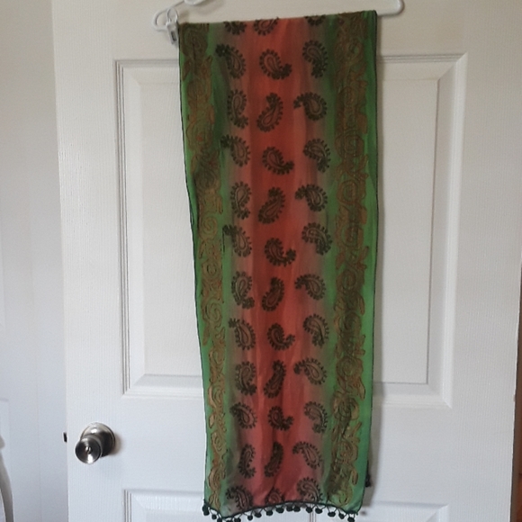 Embroidered Scarf 14"X70" Green & Salmon Ball Frin - Picture 2 of 8